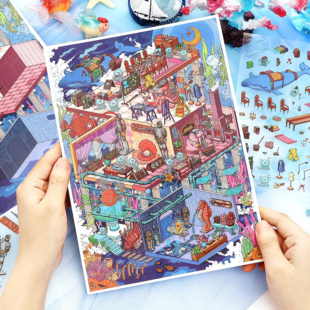 4 Pcs Deep Sea Pavilion 2.5D Diorama Stickers Extra Large Ocean Theme Decals for Journal Scrapbooking, Marine Culture Art Series