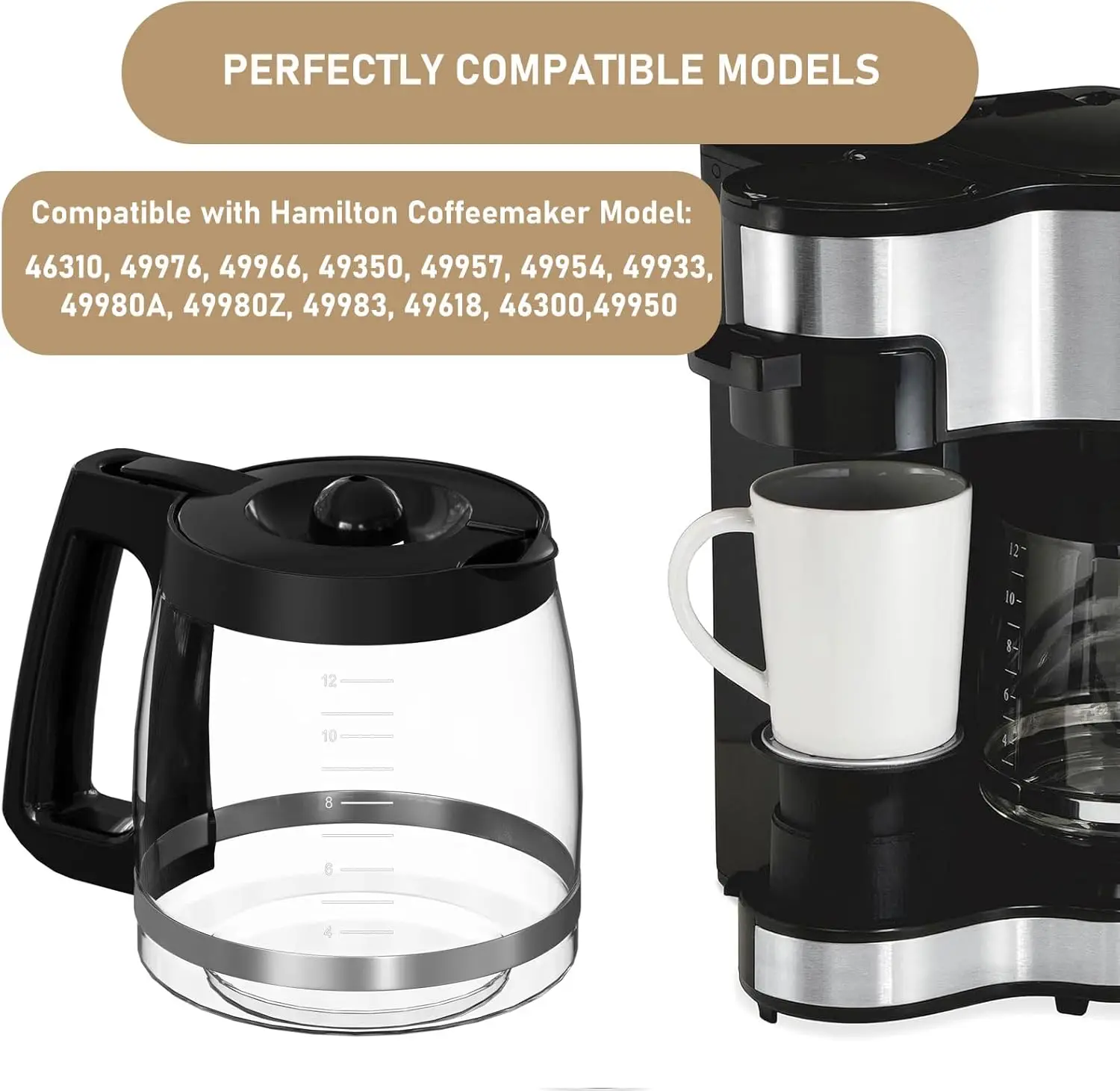 Replacement 12-cup Coffee Maker Glass Carafe, Compatible with Hamilton Beach Coffee Maker Models 46310, 49980R, 49976, 49350,