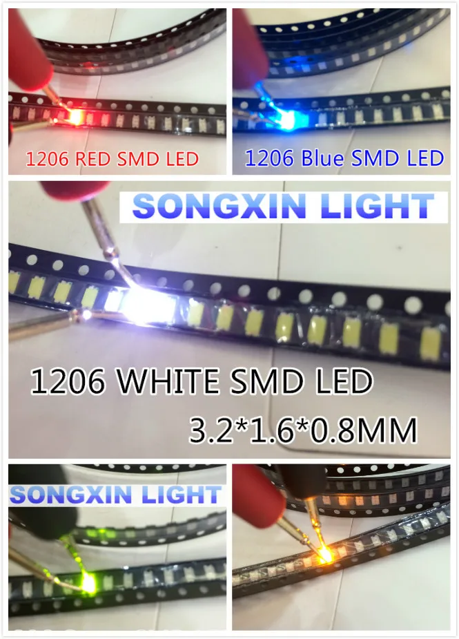 100pcs 1206 SMD LED White Red Blue Yellow Green Orange Warm White Pink Purple Uv RGB Ice Blue Orange Amber Light Emitting Diode