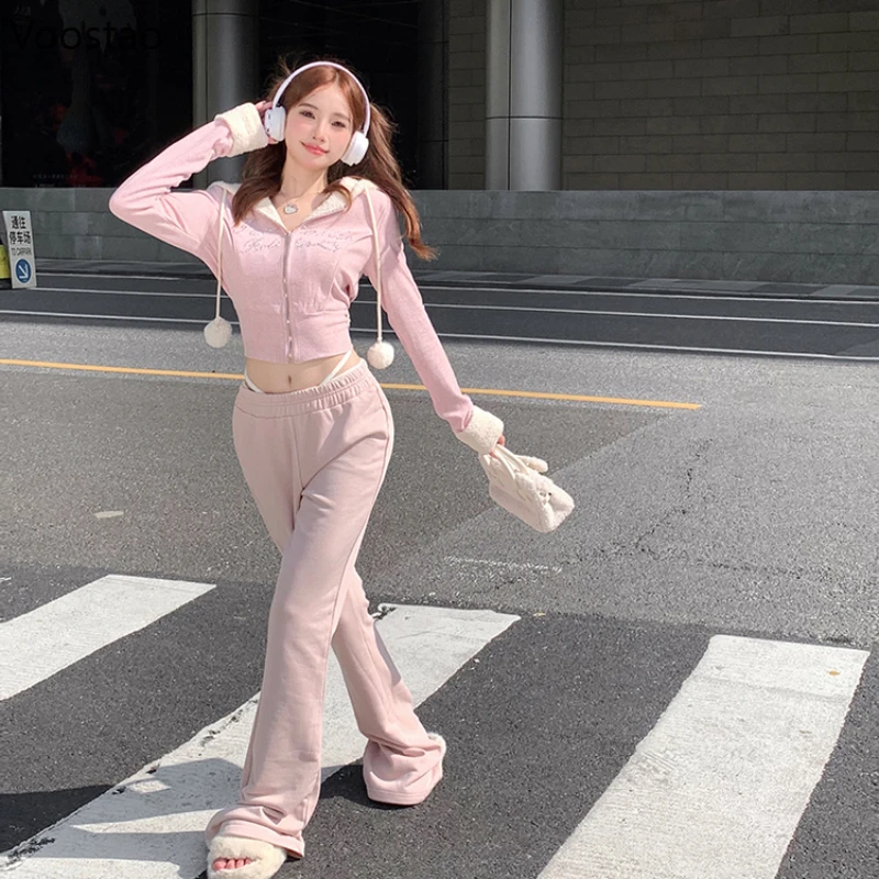 Autumn Winter Pink Kawaii Two Piece Set Women Sweet Cute Warm Hooded Coat Pants Suits Female Casual Korean Fashion Y2k Tracksuit