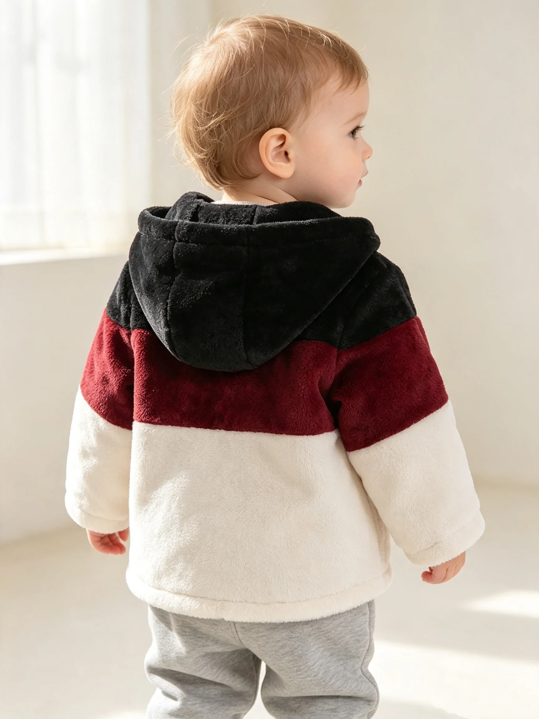 Young Boy's Soft Imitation Teddy Wool Jacket Red Black And White Color Blocked Hooded Zipper Jacket Baby's Winter Warm Clothing
