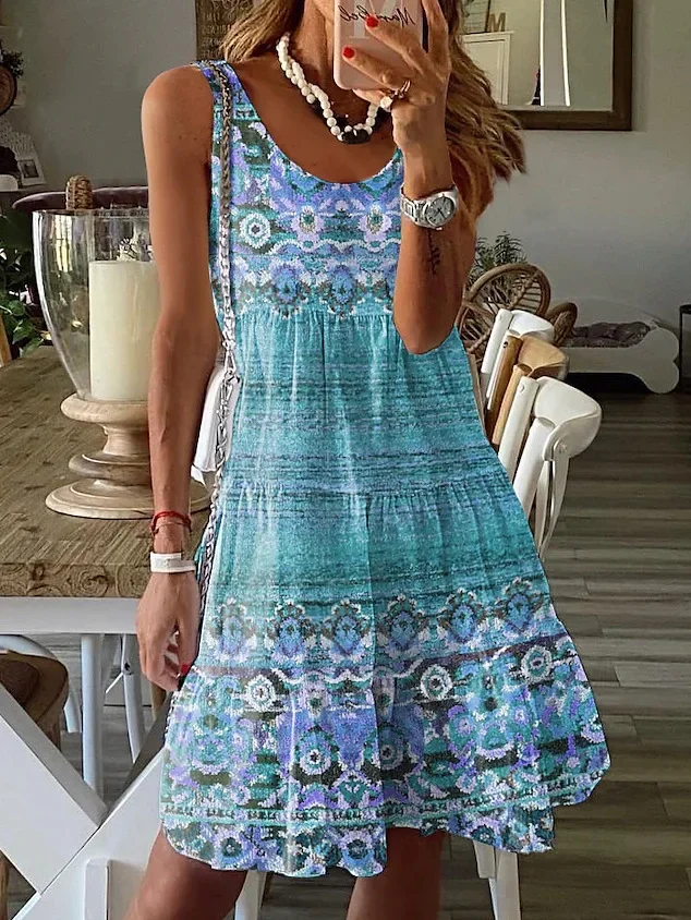 Nowa Letnia Sukienka Sundress Casual z Kwiatowym Nadrukiem Luźna Sukienka Bez Rękawów z Dekoltem O dla Kobiet Moda Boho Wakacyjna Sukienka Plażowa w Linii A