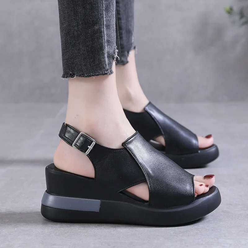 2023 Women\'s Platform Wedge Sandals New Summer High-heeled Fish Mouth Women\'s Shoes Soft Leather Heightened Platform Shoes