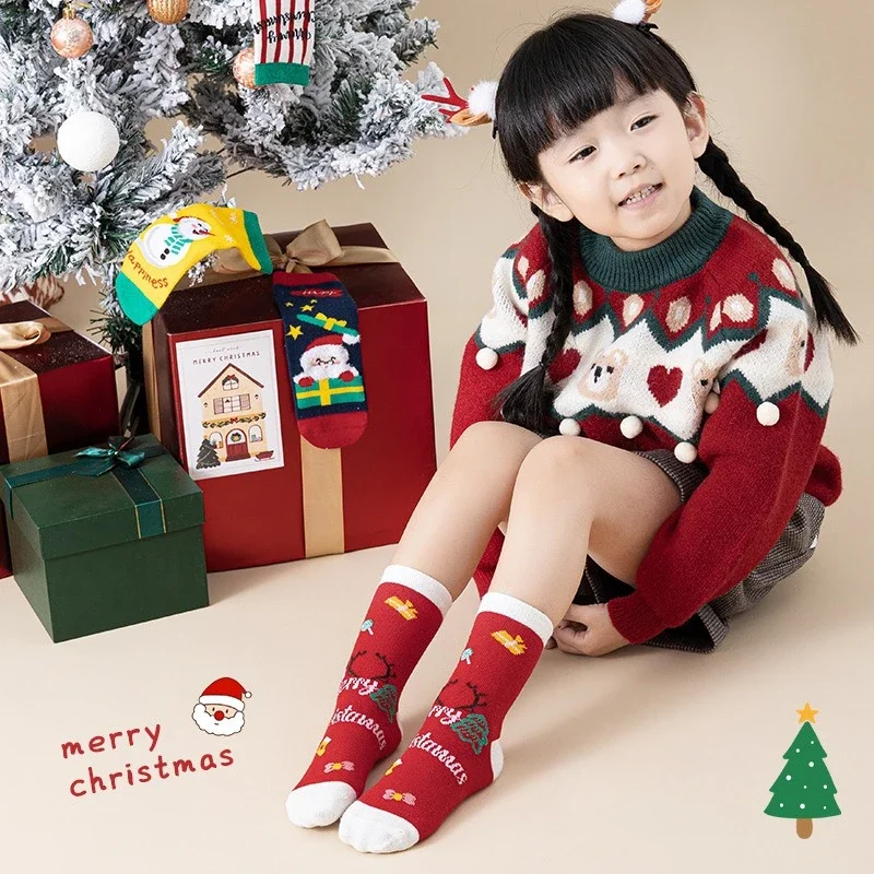 Children's Socks Winter Baby Tube Socks Red Socks Cartoon Festive Chinese New Year A-class Children's Sockings Snowman Christmas