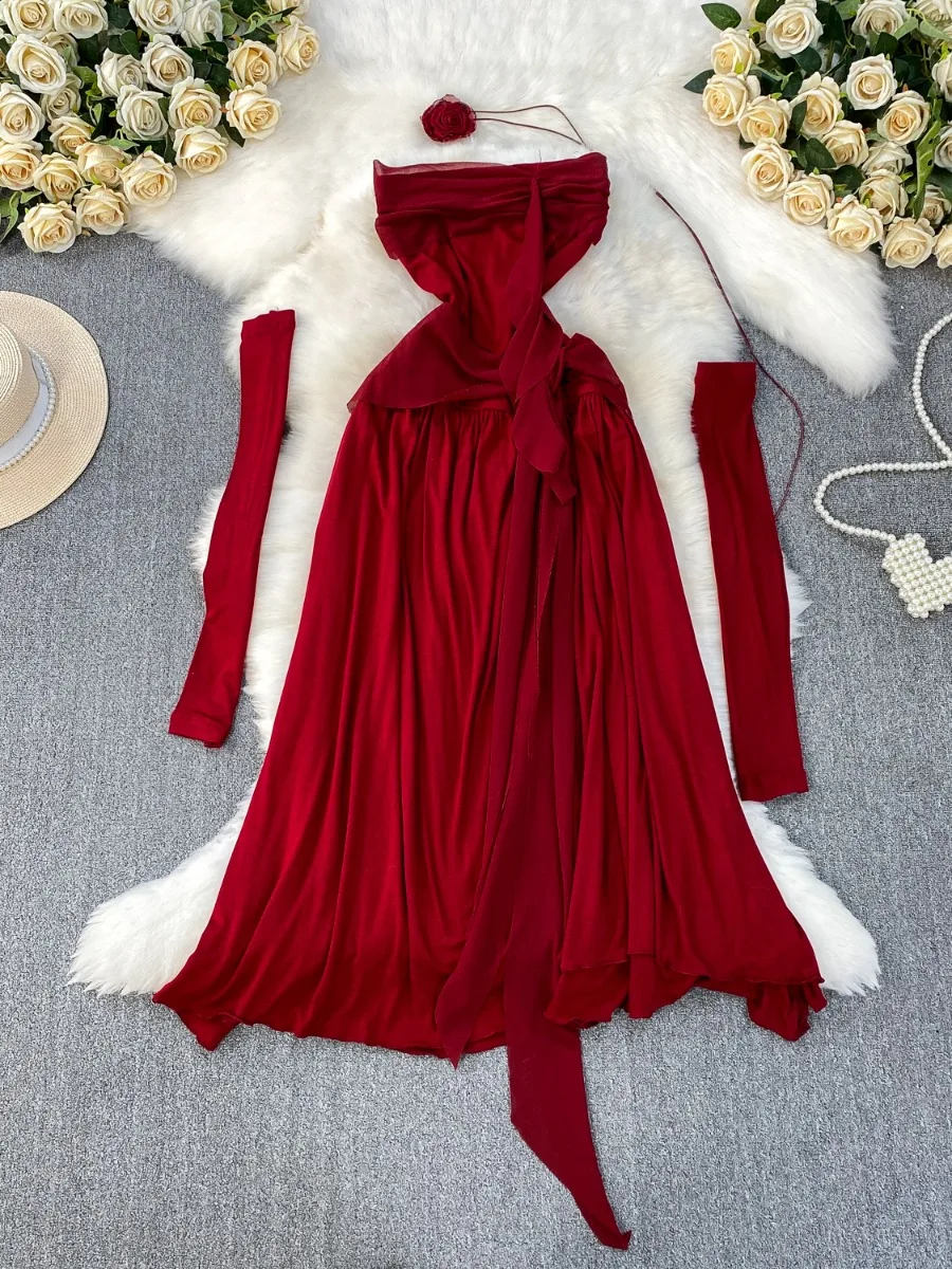 Foamlina 女性エレガントな 3D 花ビスチェドレスハイウエストタイバックスリムフィットマキシドレス長袖エレガントなパーティードレス