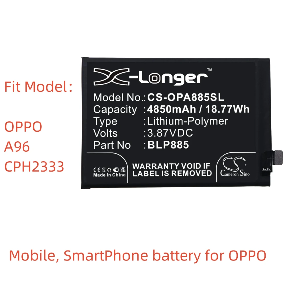 

CS Li-Polymer Mobile, SmartPhone battery for OPPO,3.87V,4850mAh,A96 CPH2333,BLP885