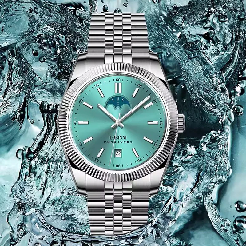 LOBINNI деловые мужские автоматические механические часы MIYOTA 8205, механизм, светящееся сапфировое стекло, водонепроницаемые часы, часы-календарь