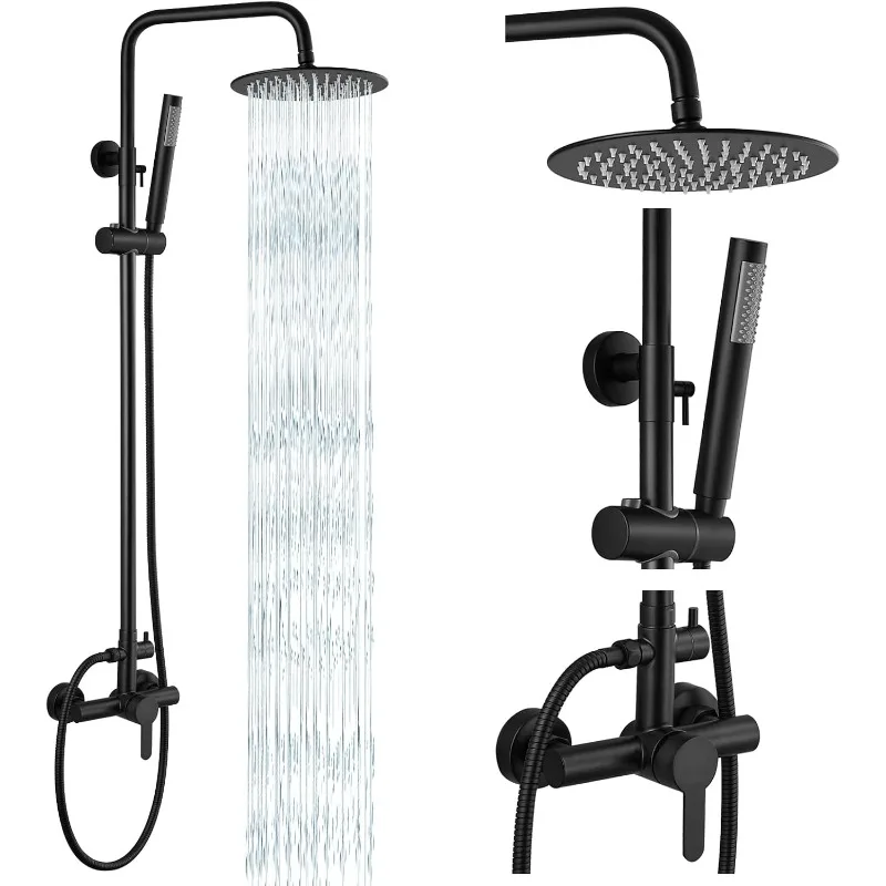 Matte Black Outdoor Shower Fixture Rainfall Single Handle Shower System Set High Pressure Wall Mount 2 Dual Function 8 Inch