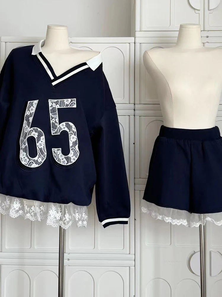 Jesień Zima Kobiety Koreański Preppy Y2k Ballet Core Outfits 2-częściowy zestaw Bluzy z długim rękawem Vintage + Coquette Gyaru Shorts