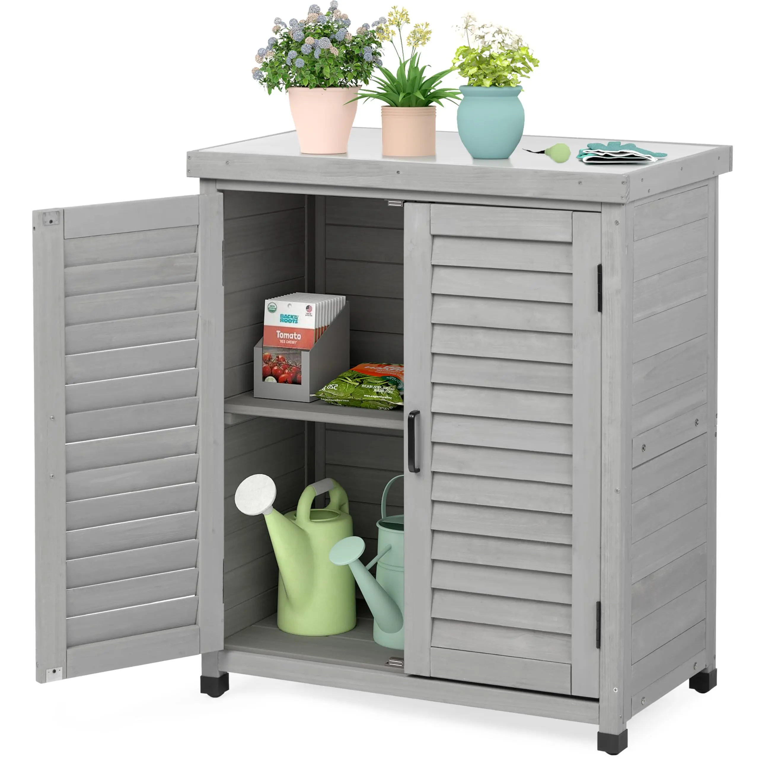 Outdoor Storage Cabinet & Potting Bench Table with Metal Top, Wooden Patio Furniture, Garden Workstation (Accent Grey