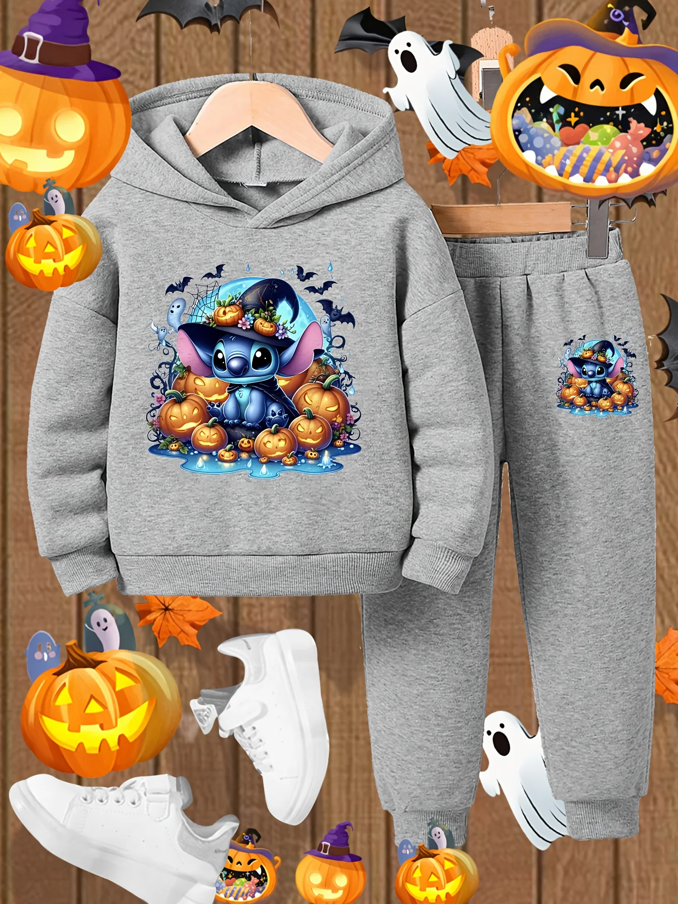 

2026 Disney Authorized Halloween Stitch Long-sleeved Trousers Printed Hoodie Set. Boys' Fashionable and Comfortable Hooded Sweat