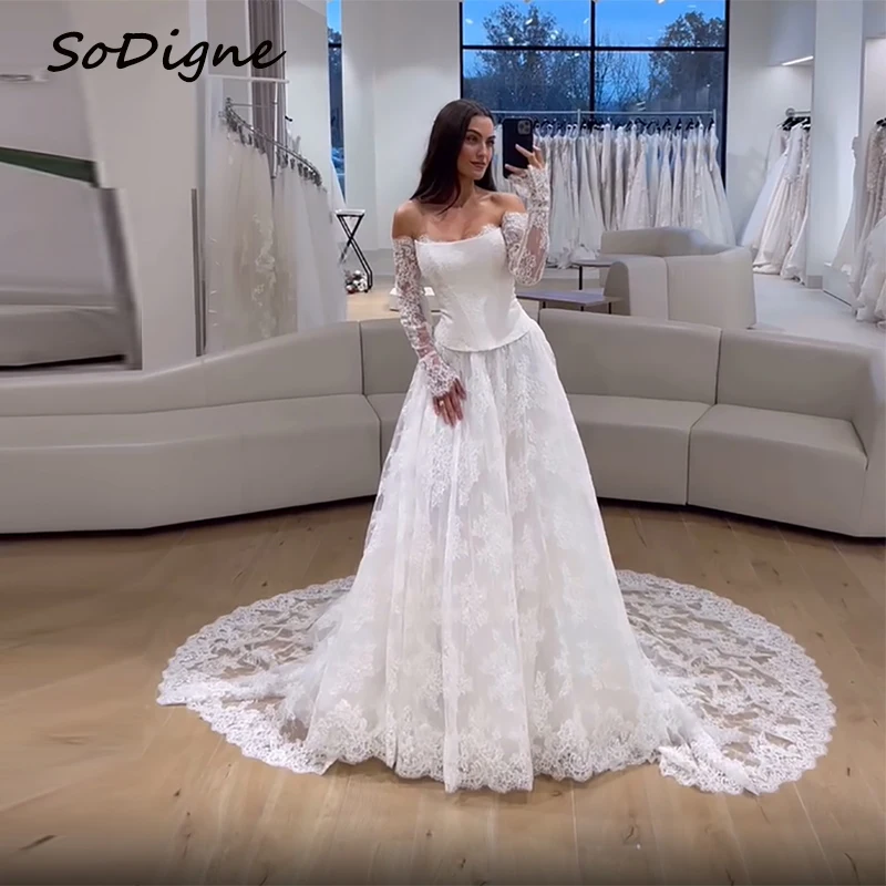 SoDigne A-line Lace Wedding Dresses Long Sleeves Off Shoulder Bridal Dress Beach Bridal Gown vestidos de novia Customized