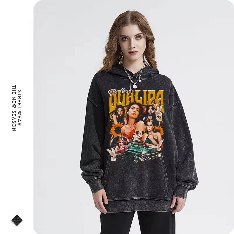 Lipa Hoodies Female Singer Model Dua Print Vintage Washed Hooded Sweatshirts Oversized Pullover Harajuku Retro Hoodie Men Cotton