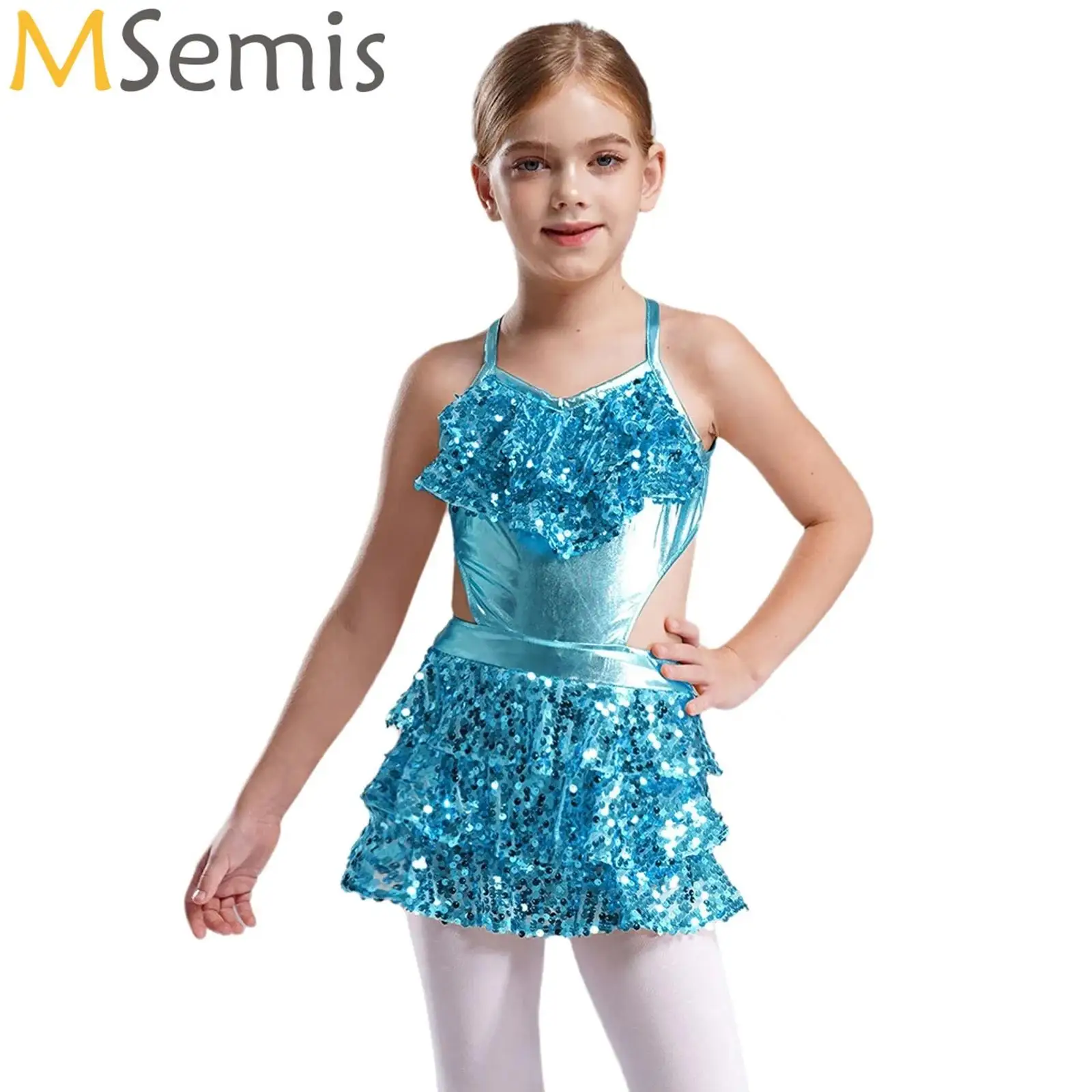 

Girls Ballet Dance Tutu Leotard for Sleeveless Sparkly Sequins Cutout Dance Dress Latin Jazz Ballroom Stage Performance Costume