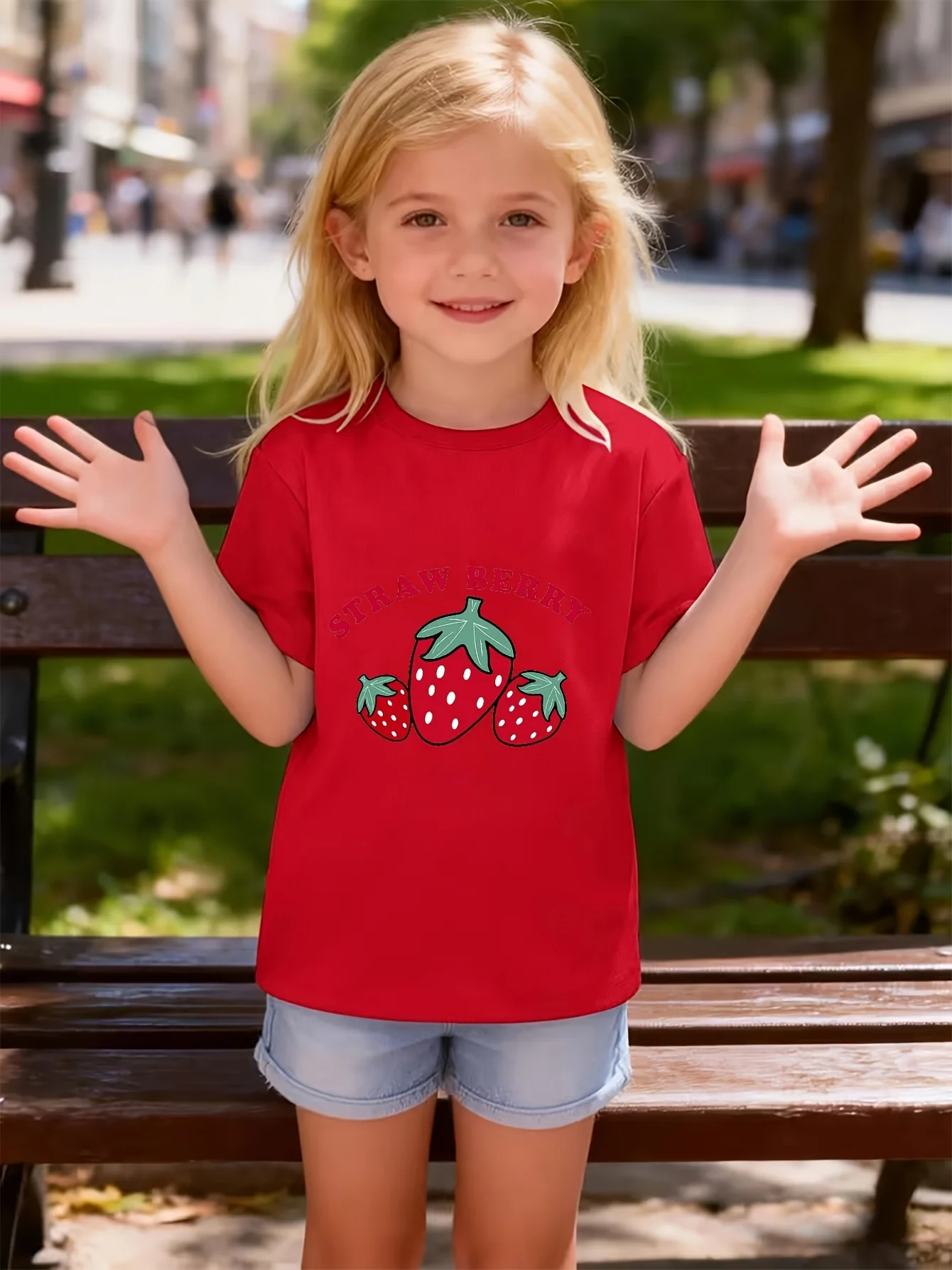 Cute Cartoon Strawberry Fresh Fruit Vintage Letter Graphic Print T Shirt Family Matching Boys Girls Kids Casual Short Sleeve Top