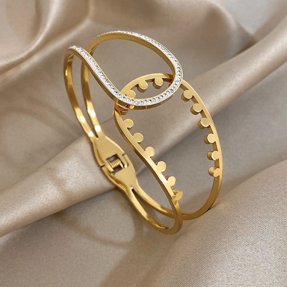 

Freetry New Trendy Hollow Stainless Steel Wide Bangle Bracelet Women Exquisite Shiny Rhinestone Irregular Cuff Spring Bangles