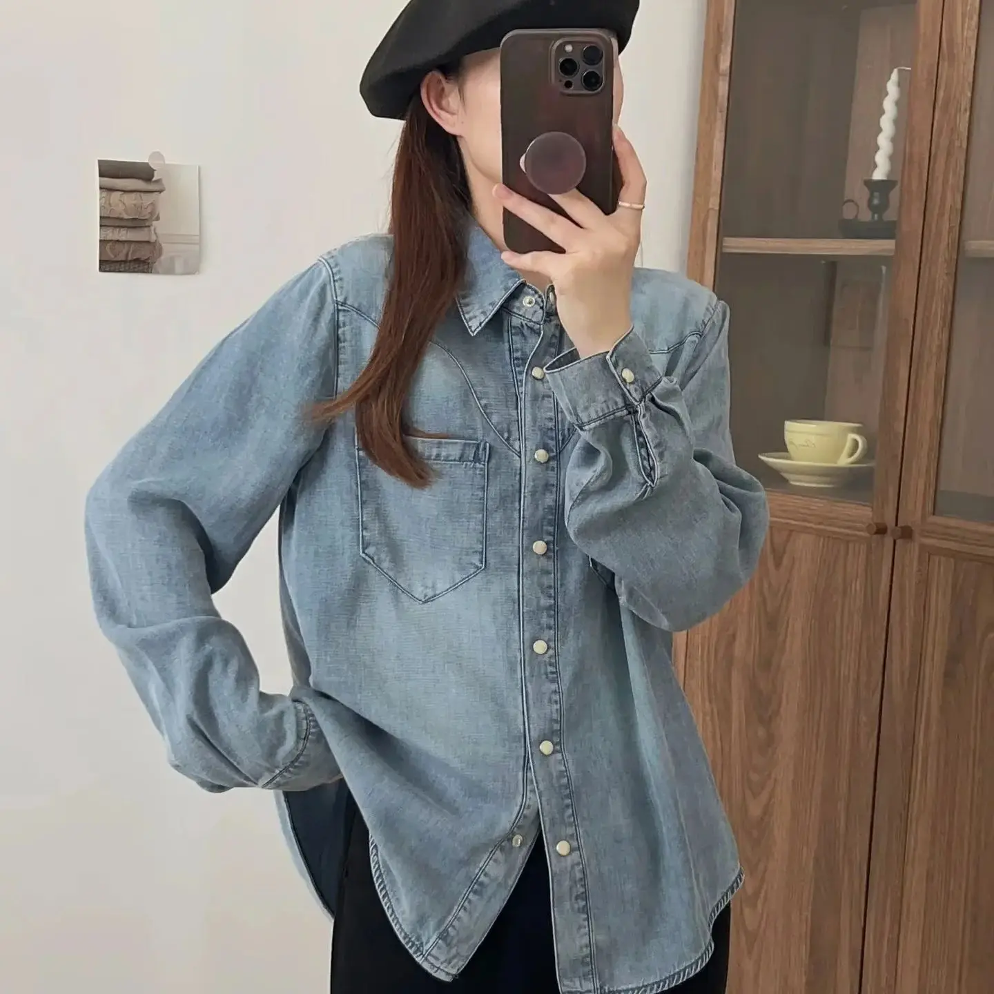 

Korean Fashion Denim Blouse Women Elegant Lapel Design Jean Shirts Spring Tops Single-Breasted Cowboy Blusas