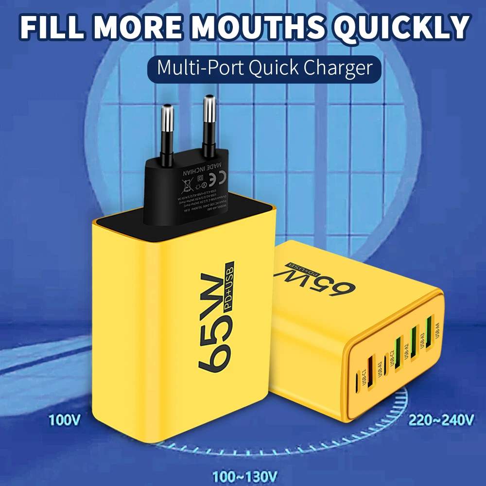 متعددة 6 منافذ الهاتف المحمول شحن سريع إجمالي 65 واط USB/PD الهاتف الذكي الجدار شاحن الاتحاد الأوروبي/الولايات المتحدة التوصيل آيفون سامسونج Xiaomi هواوي