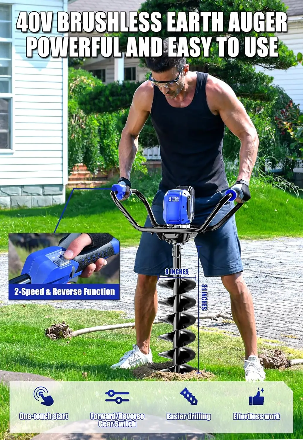 Cordless 40V Brushless Electric Post Hole Digger - 8-Inch Earth Auger for Fence Posts, Garden & Plant, Includes Battery and Charger