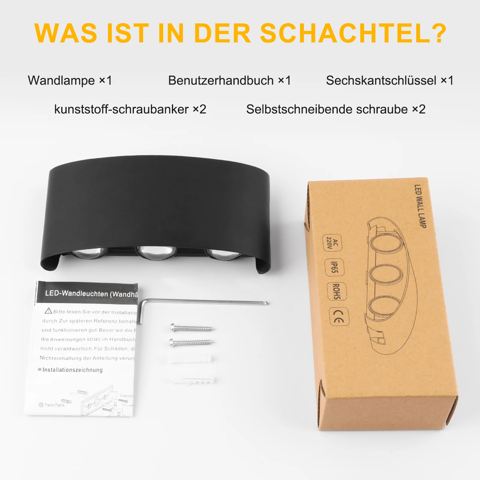 Packung mit 1/2/4 LED-Wandleuchten, 6 W, IP65, 3000 K, warmweißes Aluminium, Innen- und Außenwandleuchte mit 6 Strahlen – Detail 4