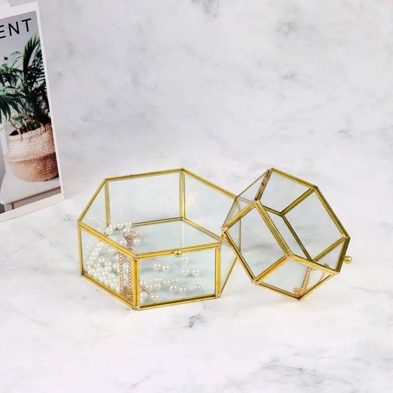 Sechseckige Ringbox Gold und Schmuckzubehörbox Goldene Glas Luxuriöse und Retro Schmuckaufbewahrungsbox – Detail 10