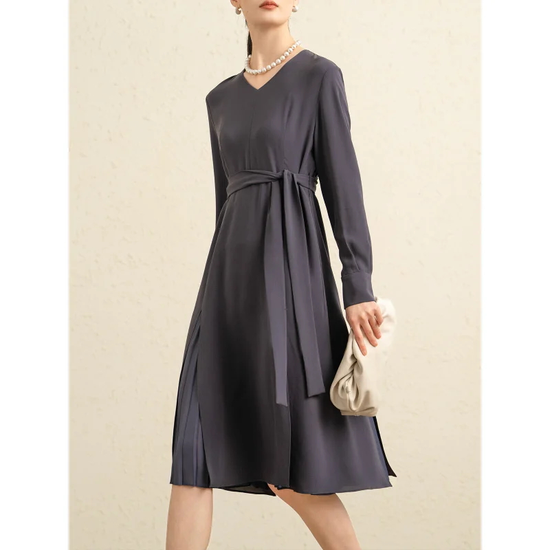 

Triacetate French Ribbon Temperament Dress-Level Sense V Collar Lace-up Midi Skirt