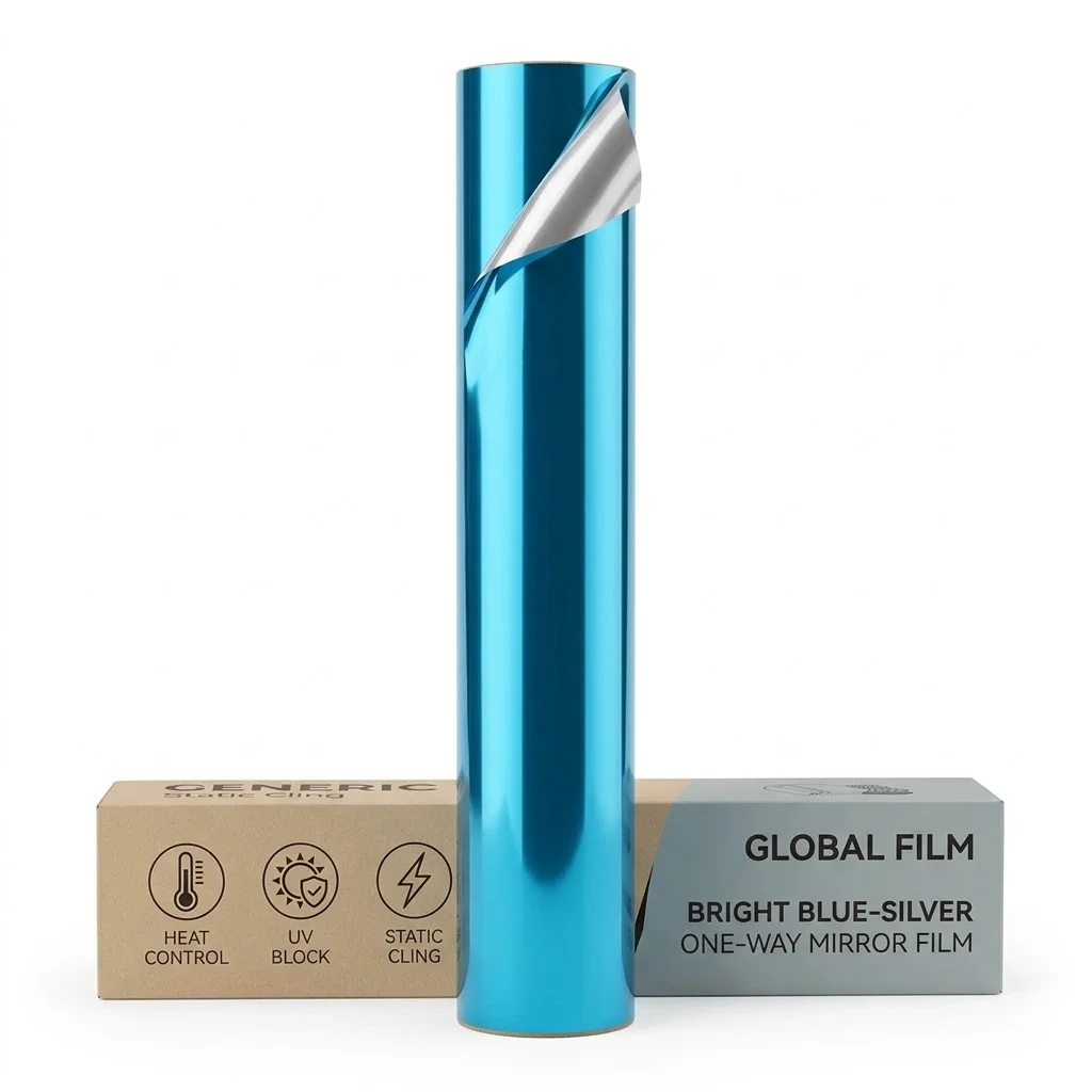 One Way Static Cling Window Film 90cm X 1/2/3/5m Privacy Sun Block Bright Blue Front Silver Back Reflective for Home Office