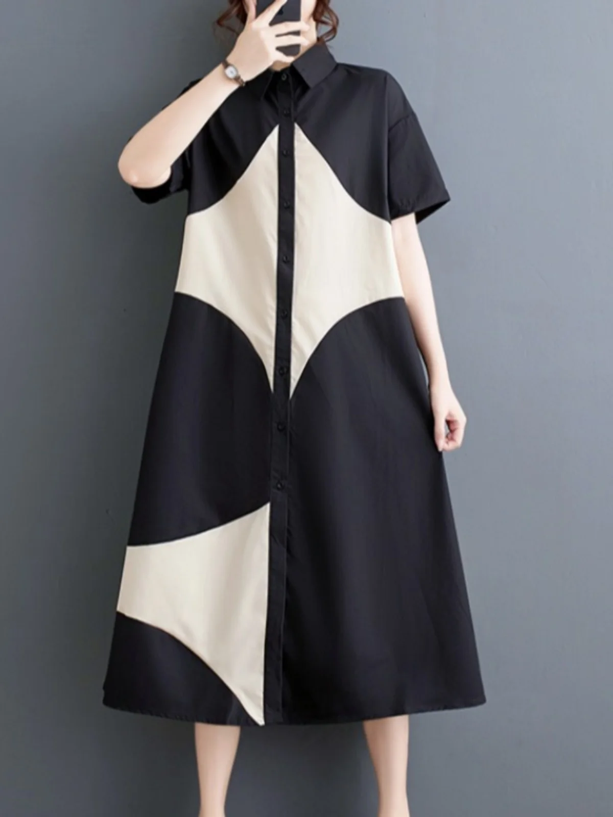 Vestido Casual de Verão Plus Size com Estampa e Mangas Curtas, Silhueta A-Line, Estilo de Trabalho, Gola Alta