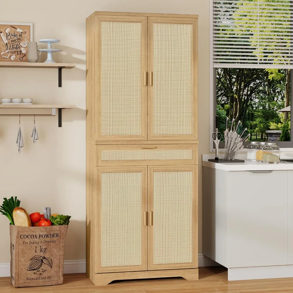 

Kitchen Pantry Cabinet with Large Drawer, Rattan Storage Cabient Tall Cupboard with Adjustable Shelves and Barn Doors, Rattan F