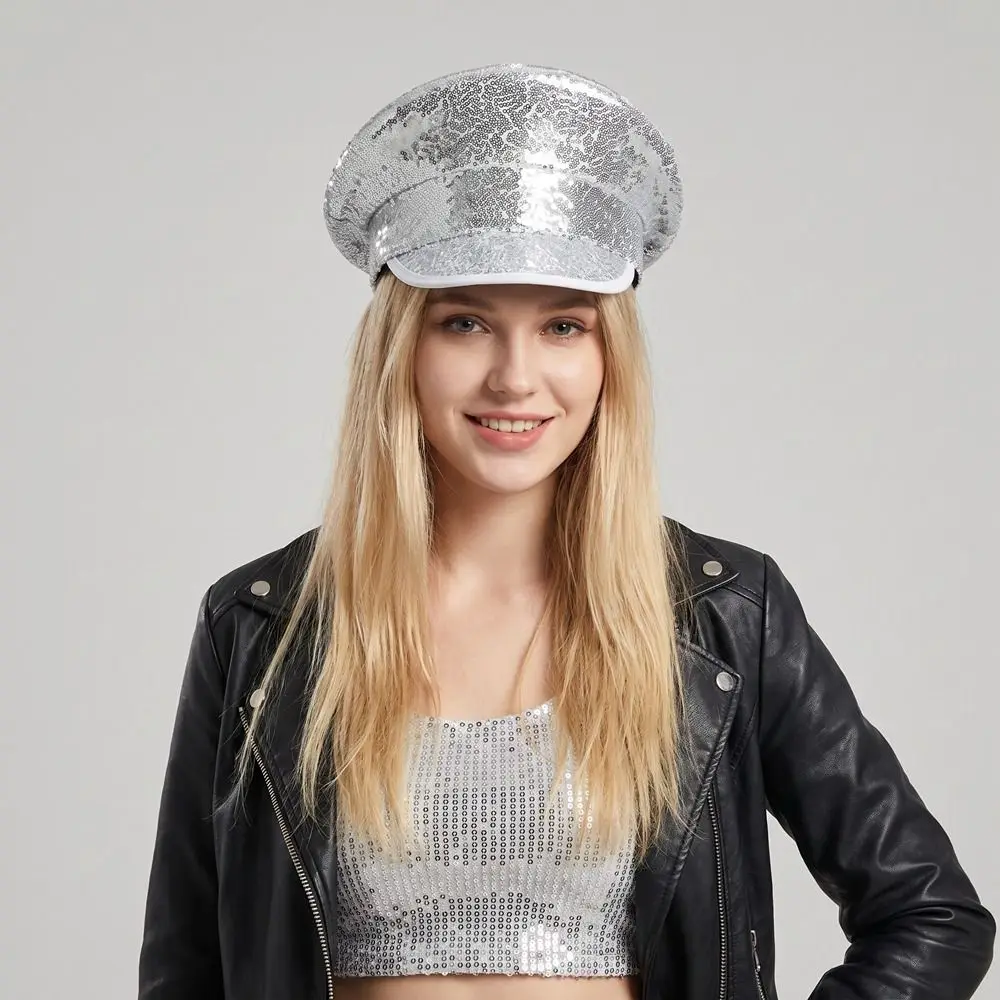 Punk PU Leather Sequin Flat Top Hat Shiny Sergeant Style Hats Y2k Sunscreen Beret Prom Performance Bar