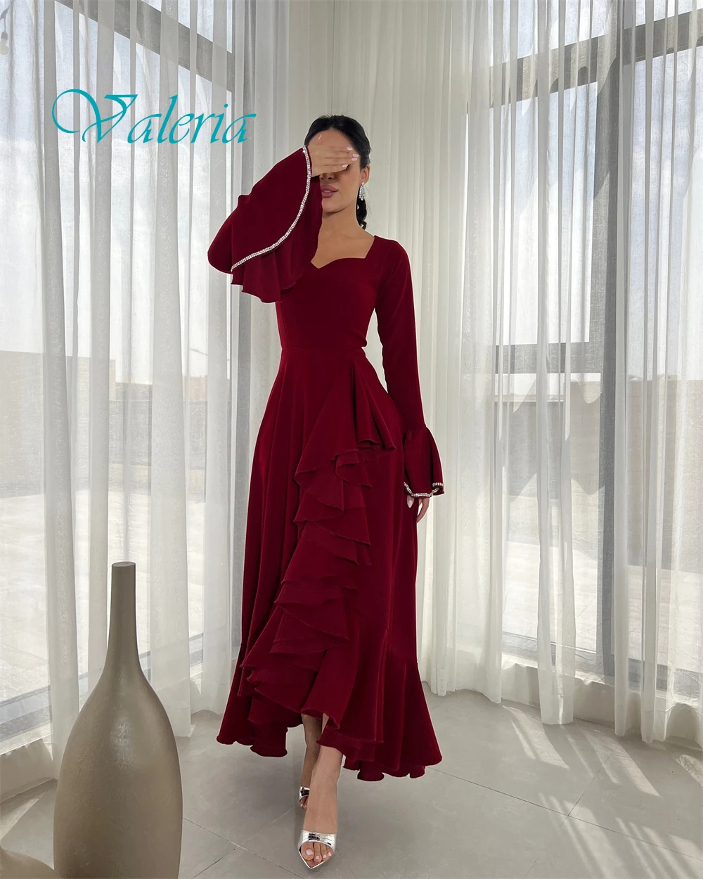 Customized Elegant Square Collar Evening Dress and Exquisite Long Sleeves Party Dresses and Temperament Jersey Prom Dress