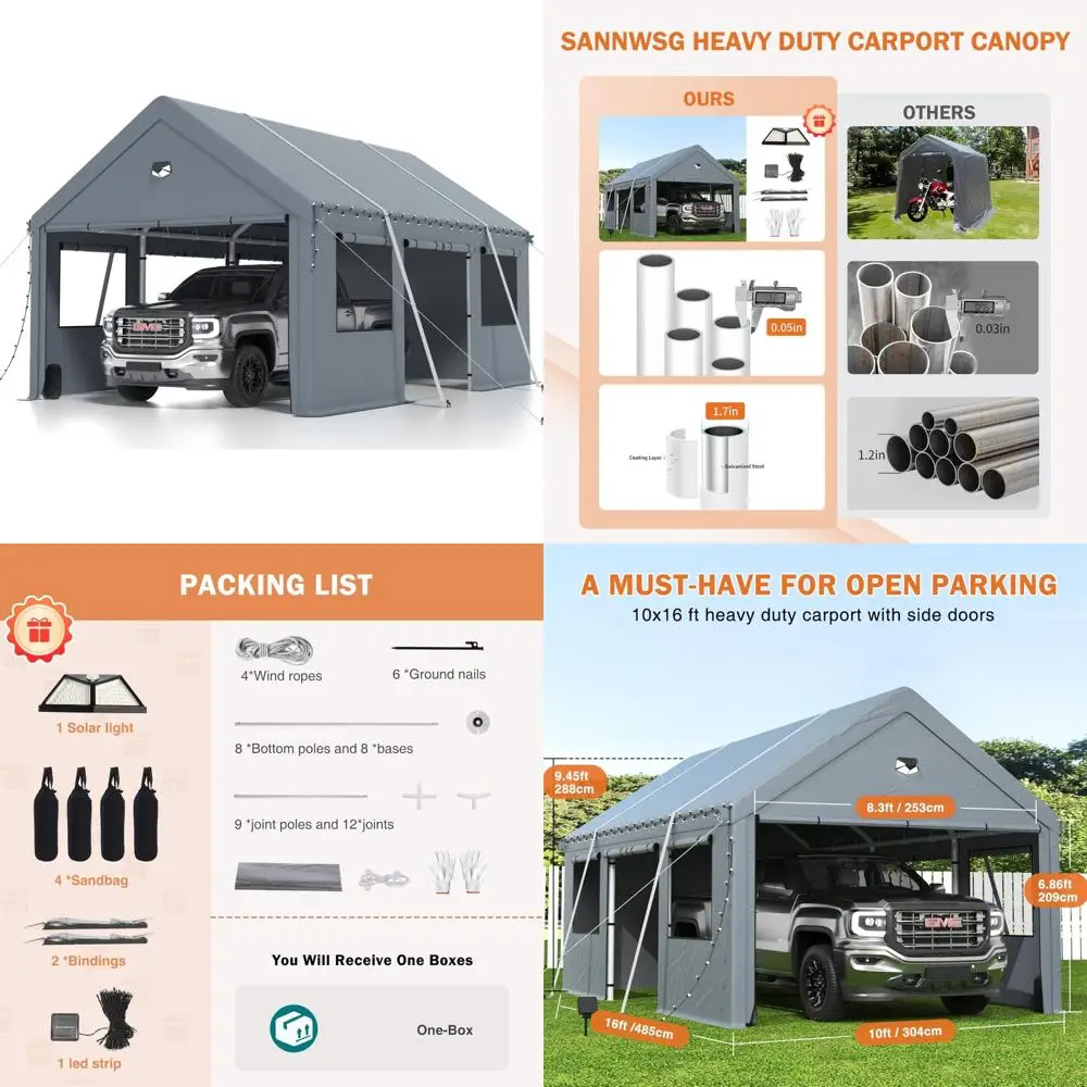 

Сверхмощный портативный гараж-карспорт, наружное укрытие 10x16 с боковыми дверями, всепогодный серый автомобильный навес