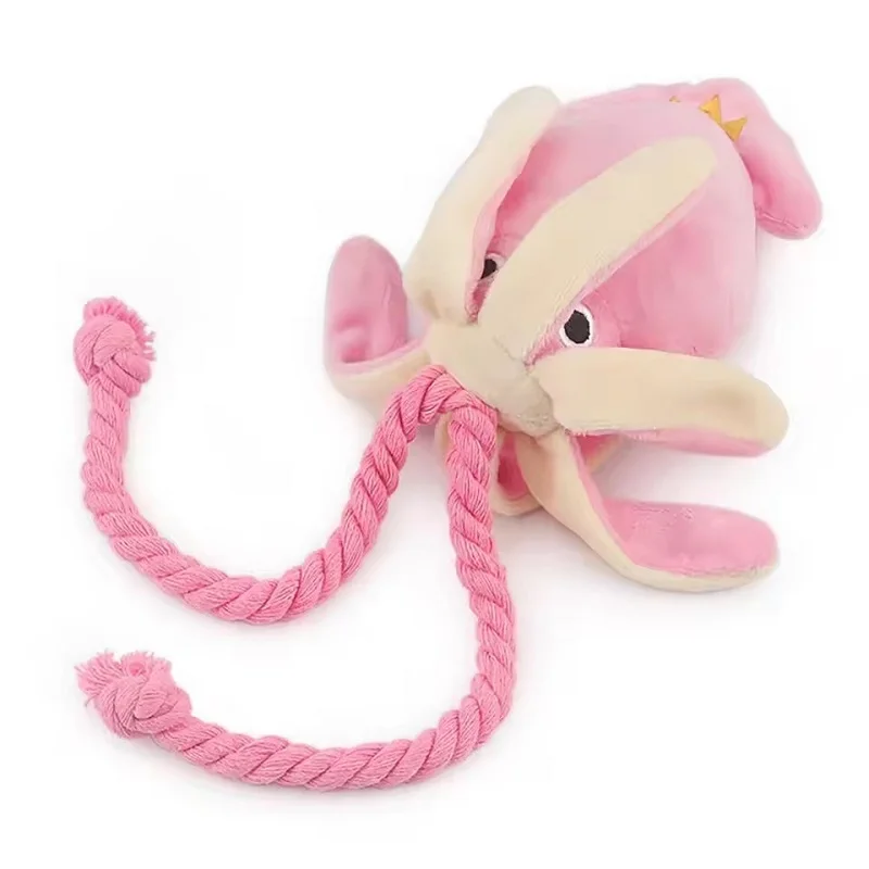 Soft pink fleece plush octopus dog toy with rope-style legs and squeaker, Coozy Paw USA4