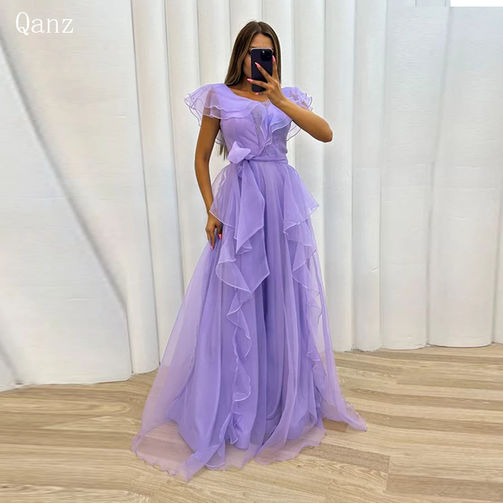 Qanz A-line Lavender Evening Dresses Tiered Tulle With Belt Long Vestidos De Noche Party Dresses Gala Robes De Soirée Customized