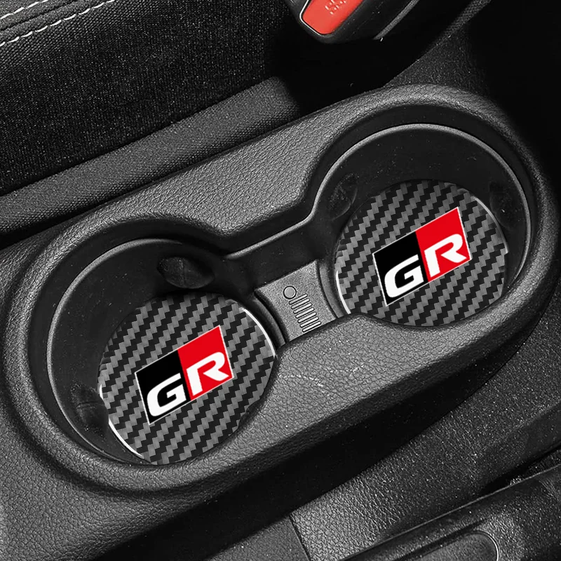 2Pcs Car Carbon Fiber Pattern Coaster Non Slip Water Cup Mat Anti-Dirt for Toyota GR Avensis Prado Corolla CHR Rav4 Premio Aygo