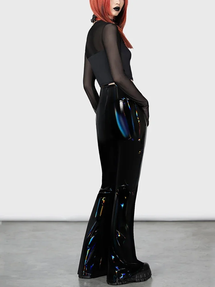 Women Black Laser Faux Leather Hollowed Out Navel Flare Pants High Waist Gothic Zip PU Trousers Wet Look Slim Trousers