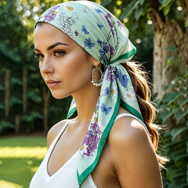 Fresh Square Silk Scarf Butterfly Floral Print Shawl Soft Silk Vintage Bandana for Women Neck Hair Headband Bag Wrist Wrap Gifts