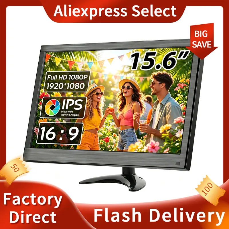 HOT 15.6 inch PC Monitor FHD IPS Display LED Screen Desktop Monitor with HDMI/VGA/BNC/AV/USB/AV Port,Built-in Speakers, for CCTV