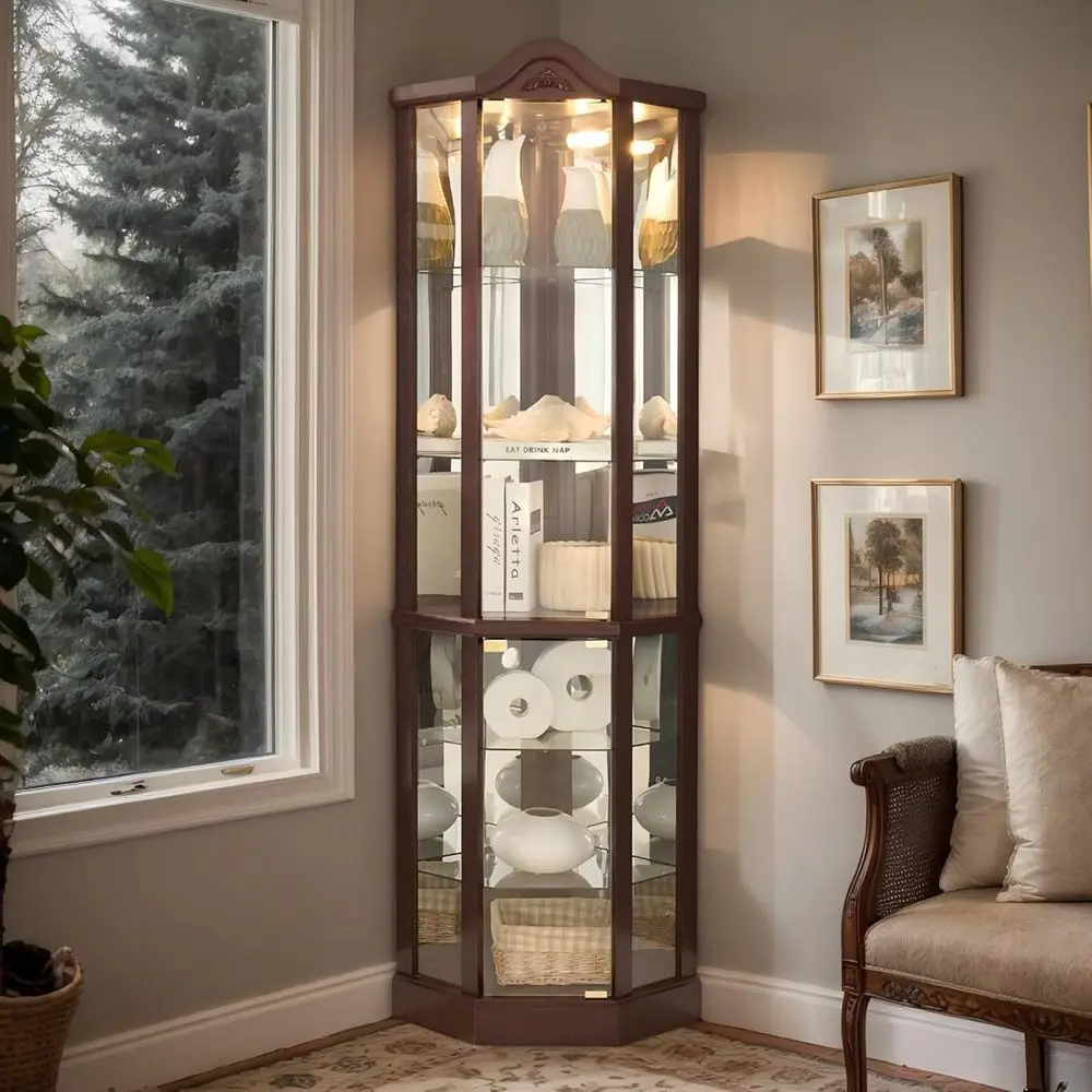 

72-Inch Illuminated Curio Cabinet, 6-Tier Glass Display with Adjustable Shelves, Tempered Glass Door, Cherry Finish