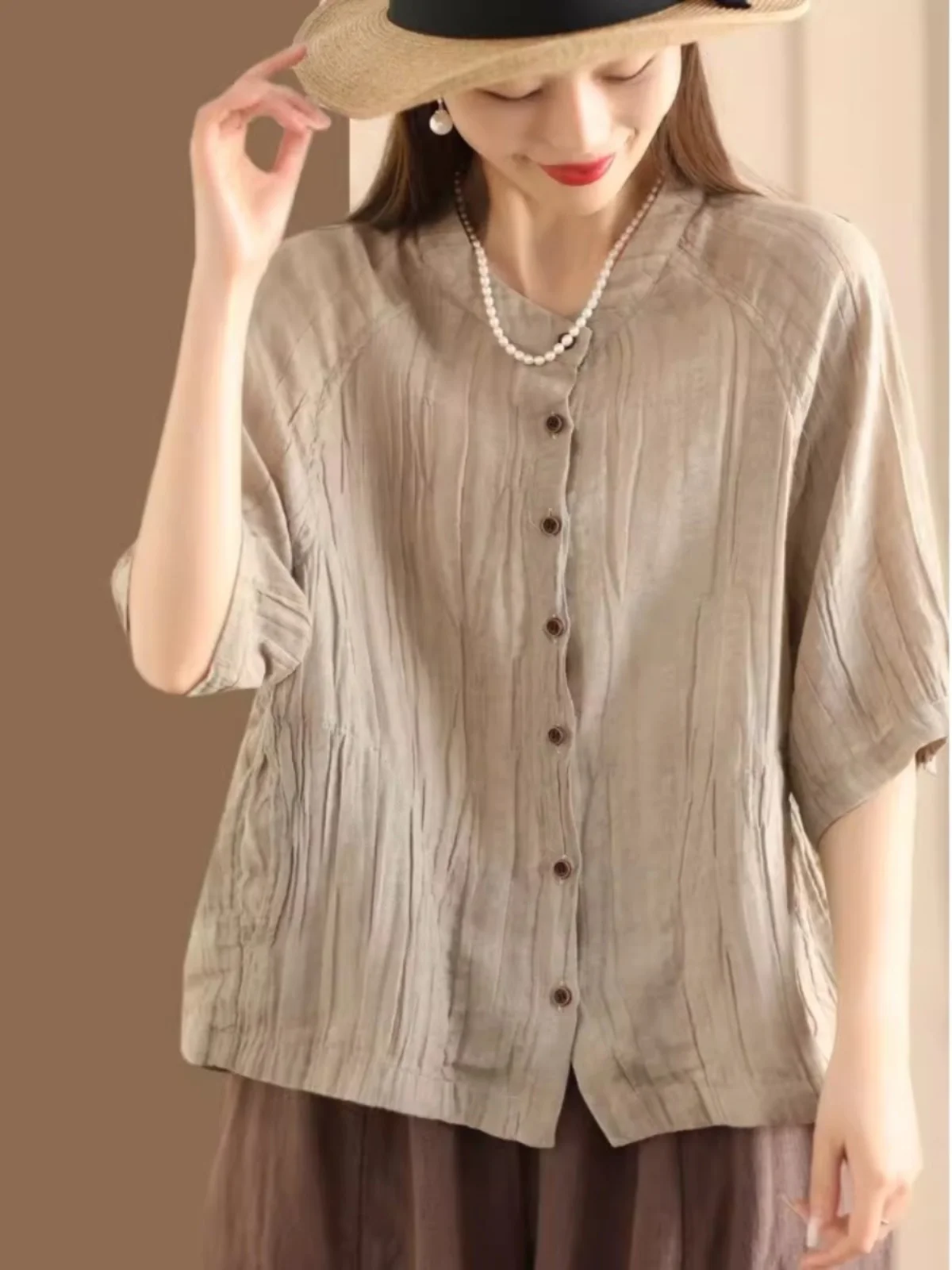 Été femmes coupe ample lin irt mince ort Sve décontracté Vintage torsadé plissé coton lin ouvert Cardigan haut