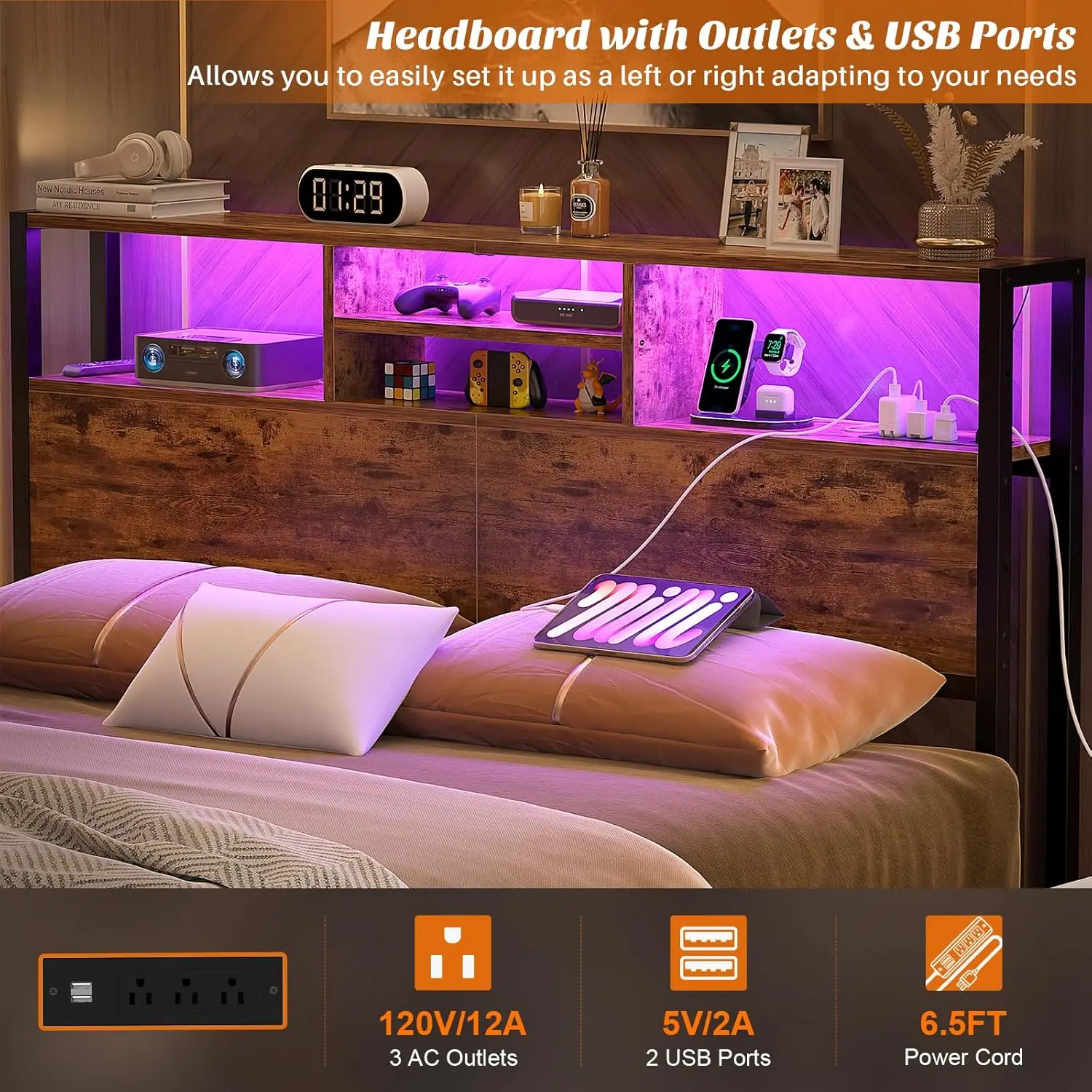 Testiere con prese, porte USB e luce LED, Queen Head Board Solo Testiera reversibile robusta e stabile regolabile in altezza