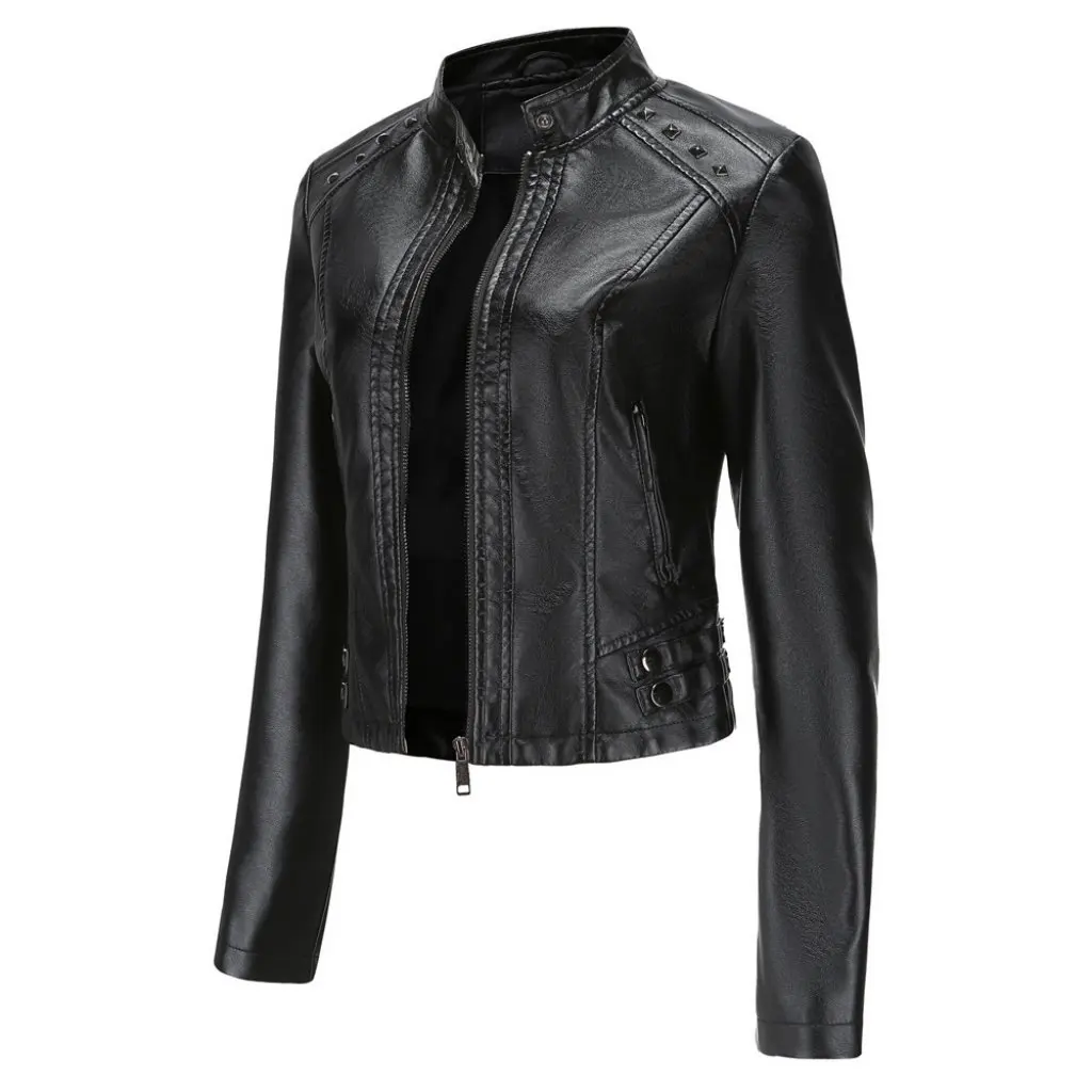 Autumn Slim Fit Street Hipster Zipper Black Long Sleeve Coat European American Imitation Leather Stand Collar No Belt