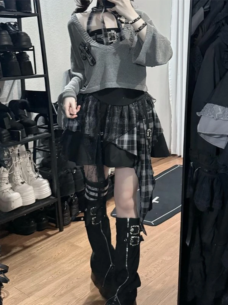 Japanese Dark Punk Off Women's 2 Piece Set Knitted Vest + Plaid Mini Skirt Harajuku Cool Streetwear Daily Kawaii Lolita Outfits