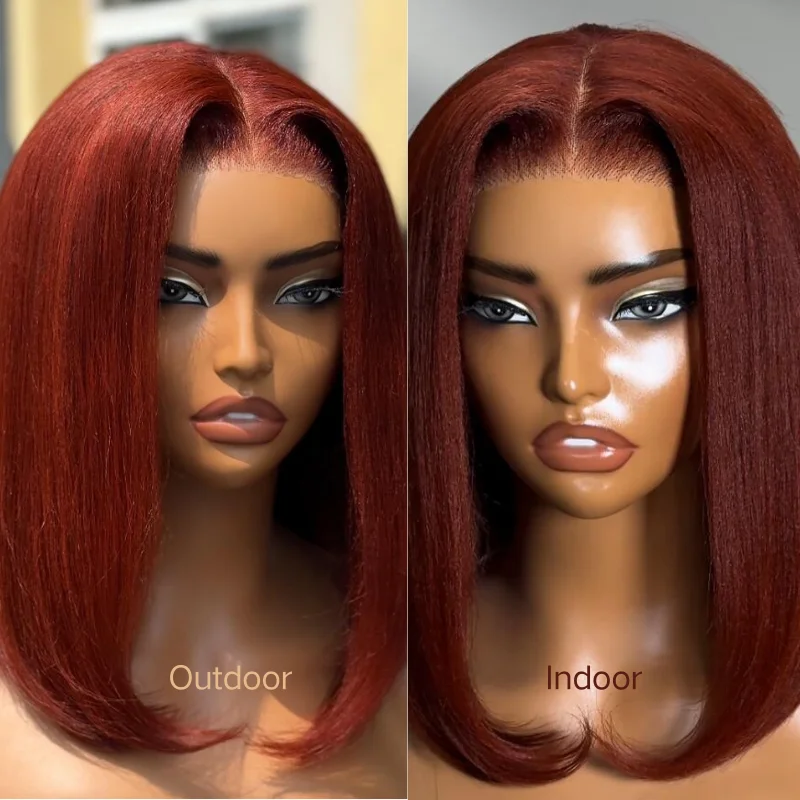Klaiyi 7x5 Reddish Brown Yaki Straight Bob Wig Put On and Go Glueless Wig with Bleached Knots Beginner Friendly