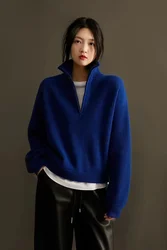 Women's Italian Craft 100% Pure Cashmere Sweater Half Zipper Stand Collar Thickened Loose Lapel Pullover Knitted Sweater