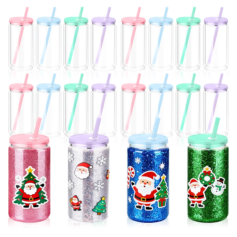 

16Pcs 16oz Water Plastic Snow Globe Tumbler Pre Drilled Double Wall Plastic Can With Lid And Straw Double Wall Snowglobe Cup