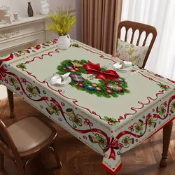 Christmas Pine Needle Red Bow Rectangle Tablecloth Winter Xmas Holiday Party Dining Room Table Cloths Navidad Decorations 2025