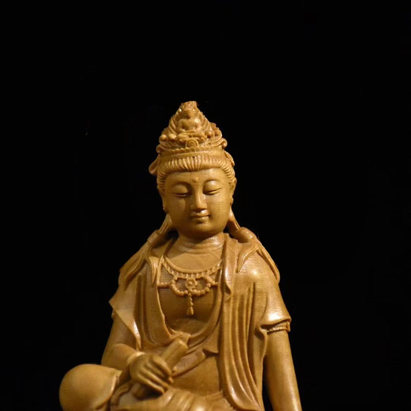 Solid Wood Guanyin Lotus Bodhisattva Character Figurines Home Room Office Wealth Luck Feng Shui Decor Wood Carving Buddha Statue
