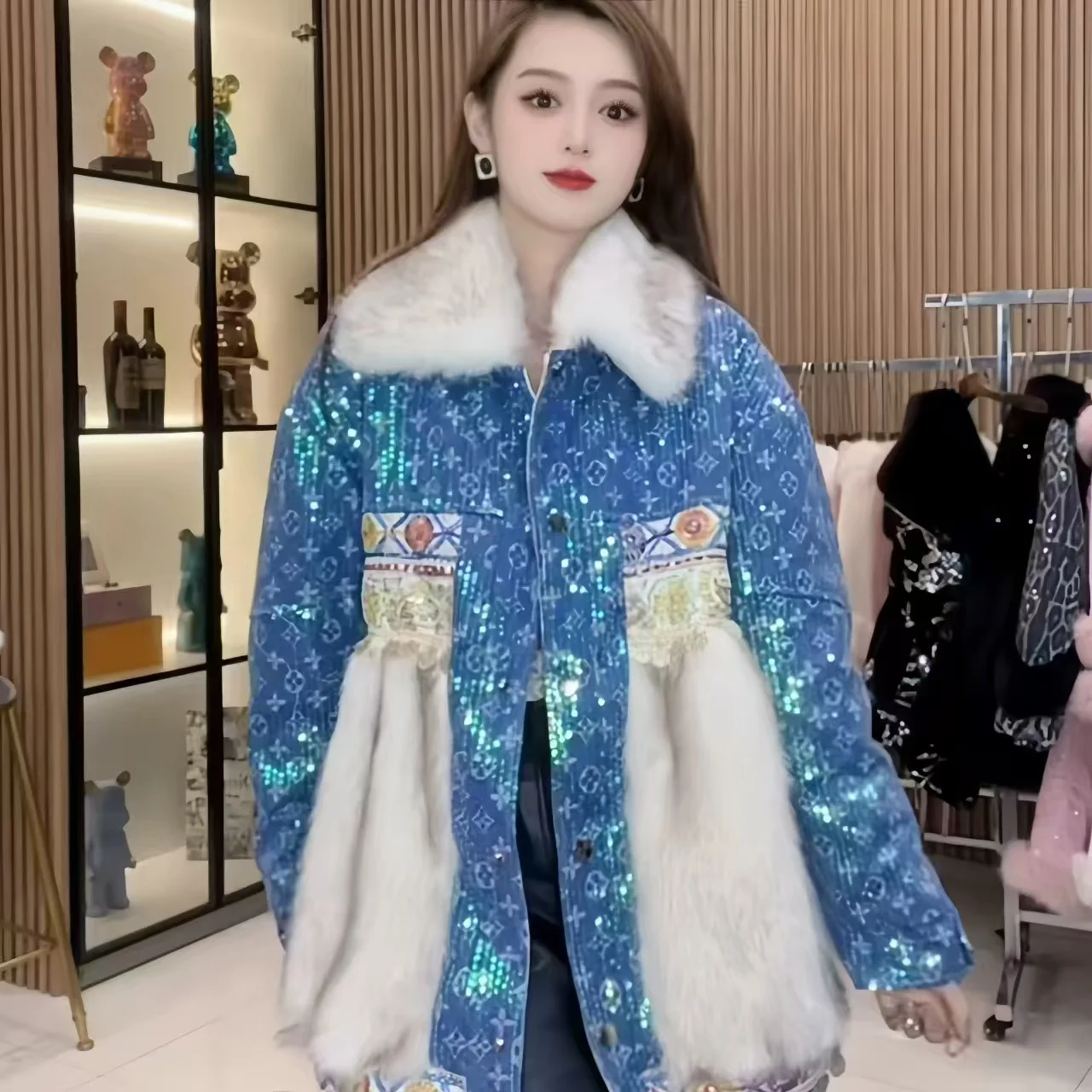 Faux Fur Coats for Women,Single Breasted Jacket, Thicken Warm Female Clothes,Turn-down Collar,Sequins,High Quality,Winter,New