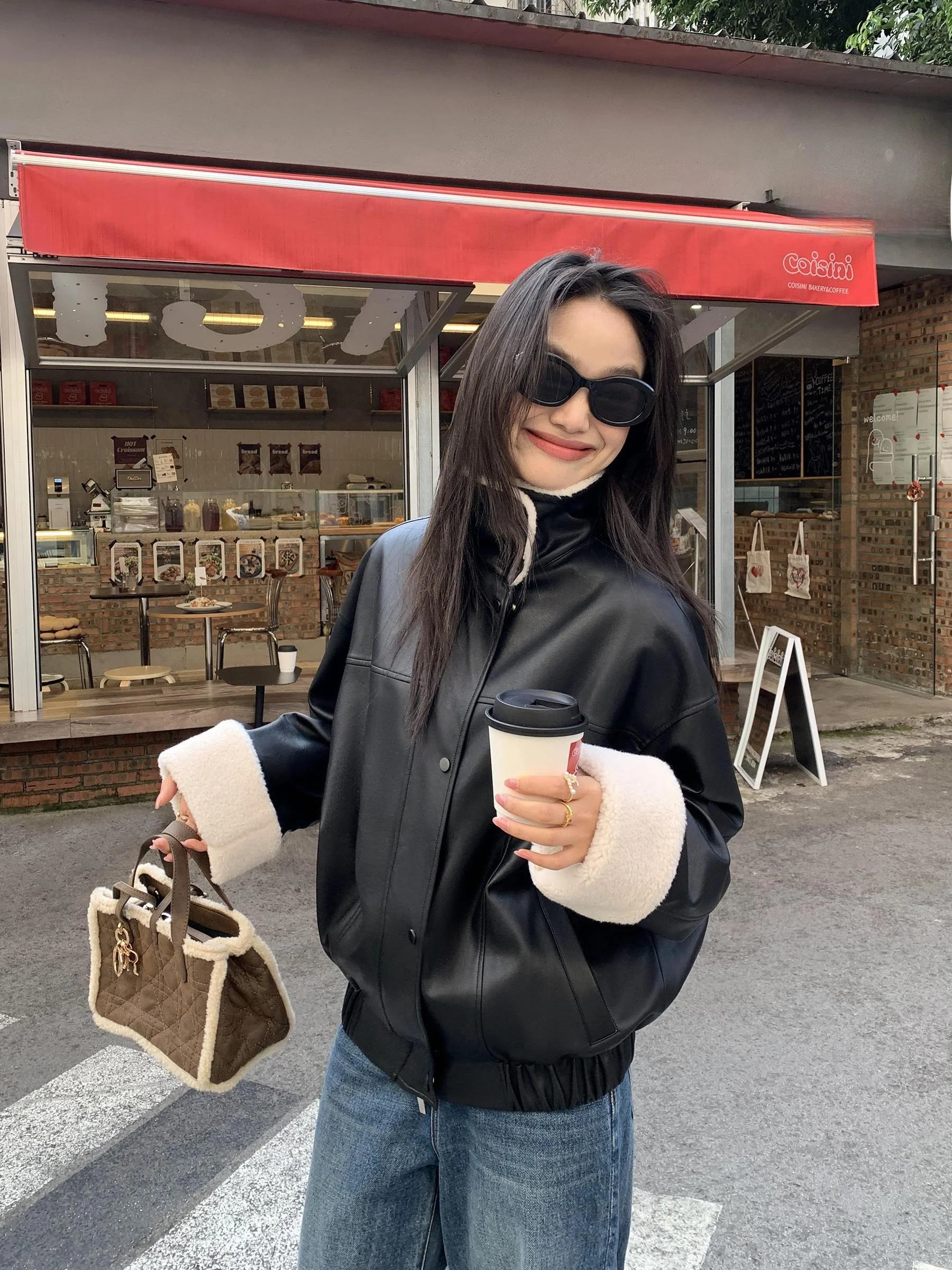 

Куртка-косуха Pusumede Bla из искусственной кожи с меховой вставкой из овчины, удлиненная, с откидным воротником, для женщин